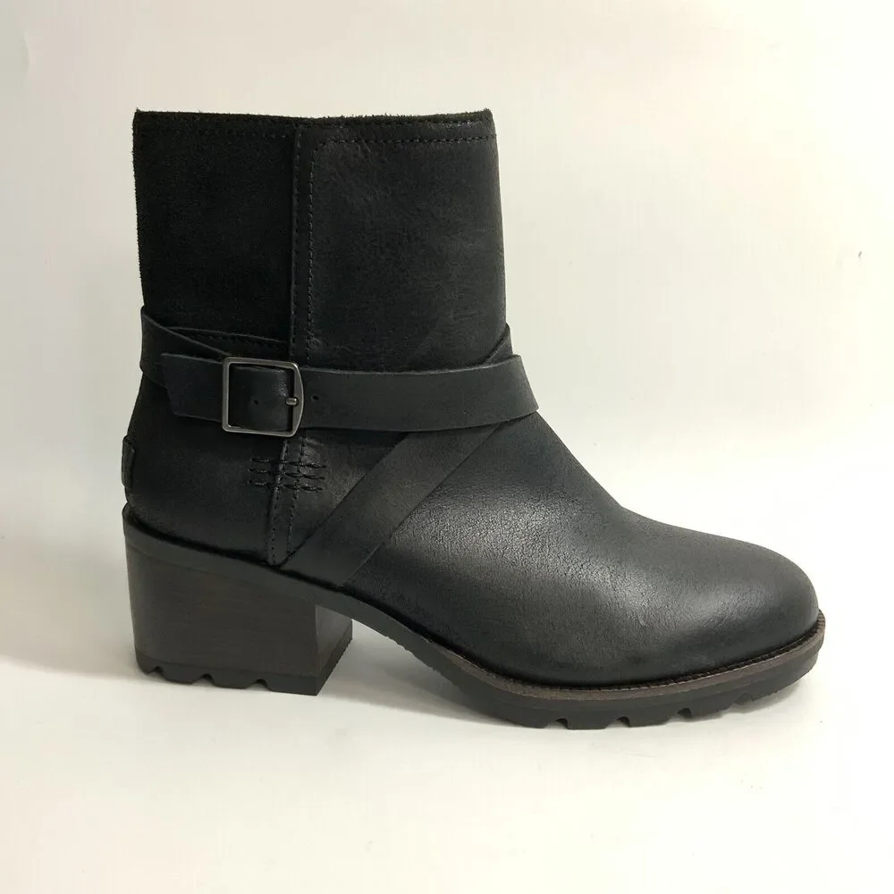 New Sorel Cate Waterproof Leather Boots Harness Buckle Zip Black 7.5